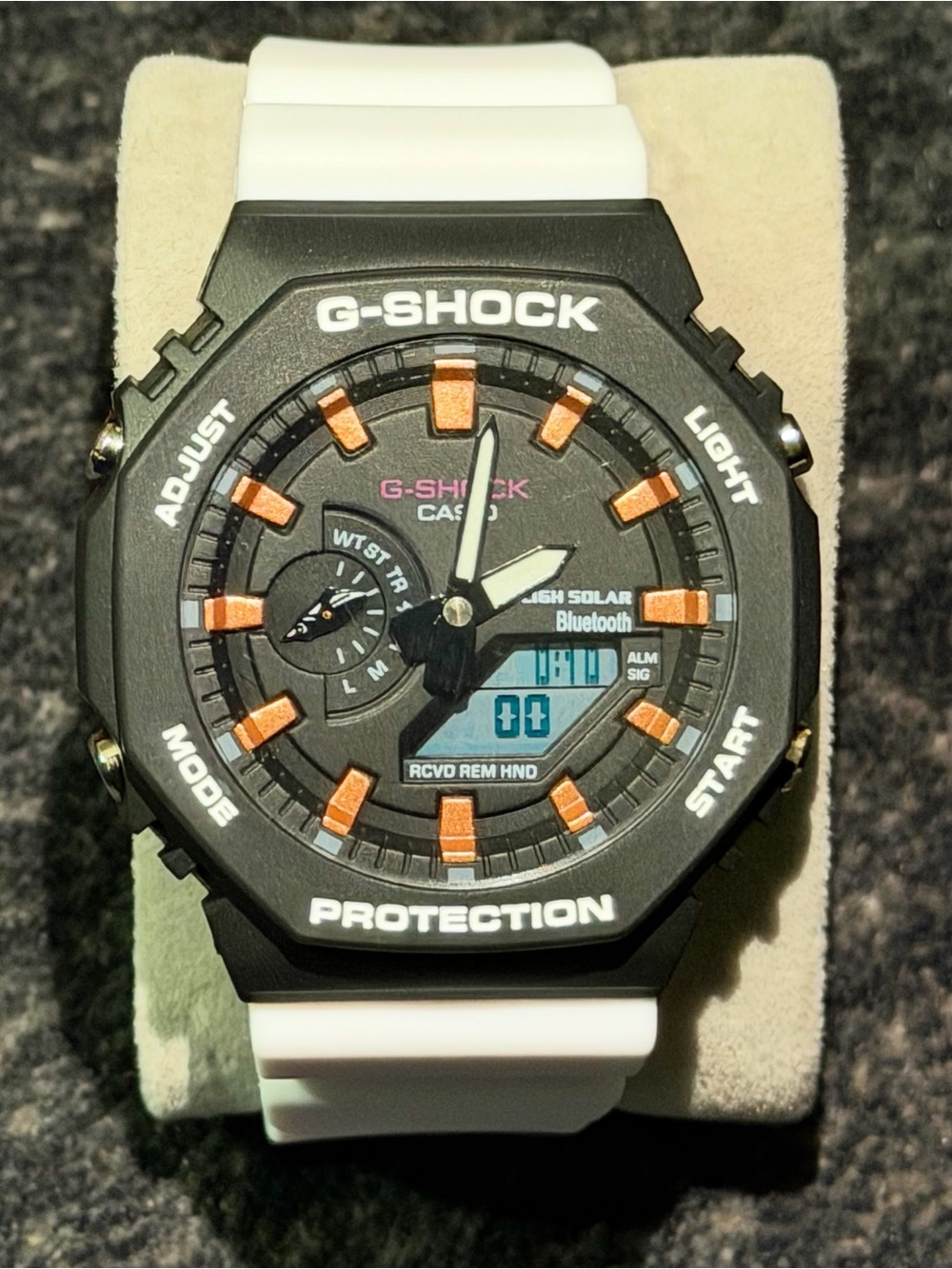 Casio G-SHOCK Black Dial with White Band and Orange Accents